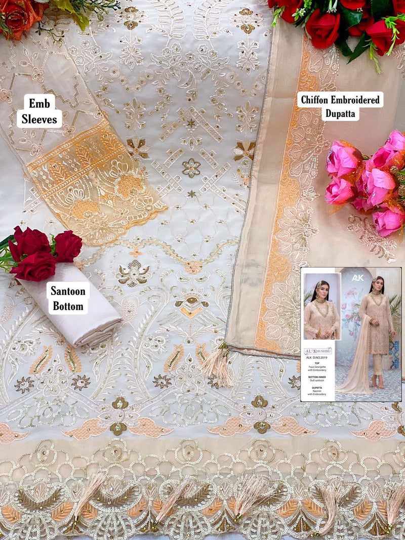 Al Khushbu Alk Dno 2019 Georgette Pakistani Style Heavy Embroidered Party Wear Salwar Suits