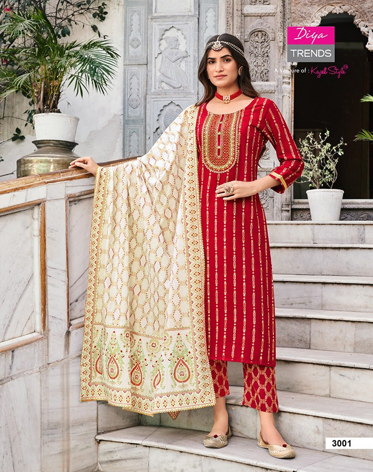 Diya Trends Alveera Vol 3 Rayon Classy Gold Print Fancy Embroidery Work Stylish Designer Partywear Kurti