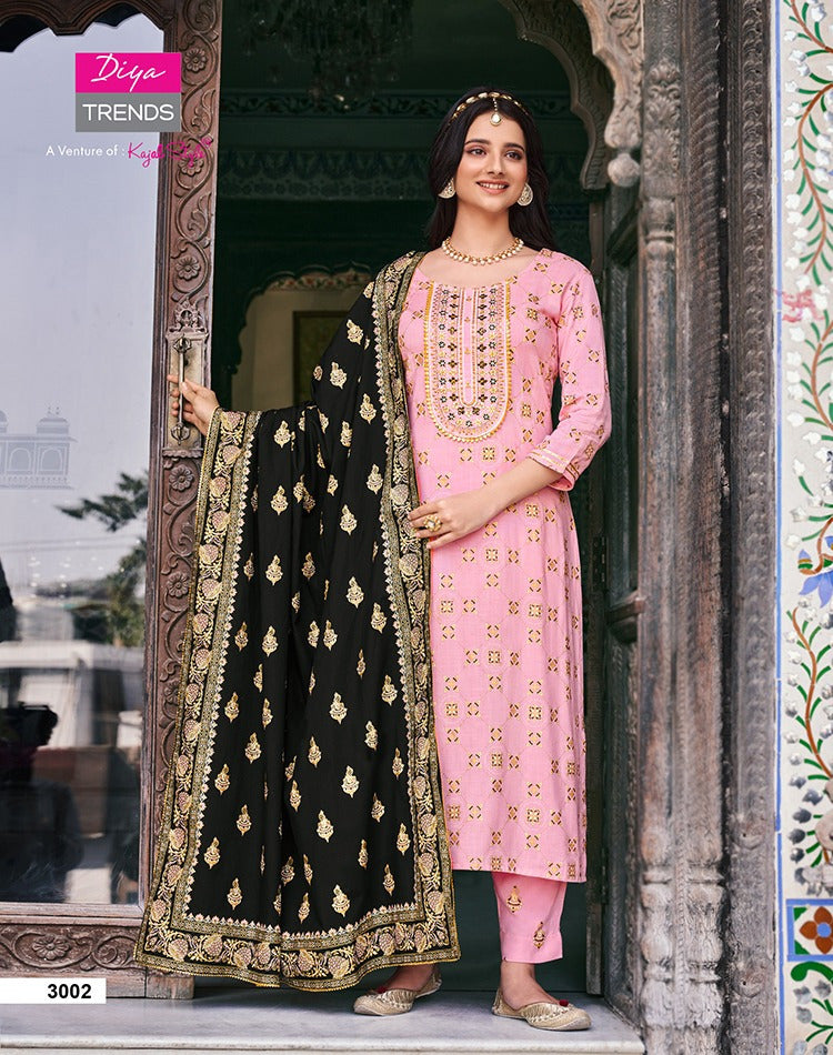 Diya Trends Alveera Vol 3 Rayon Classy Gold Print Fancy Embroidery Work Stylish Designer Partywear Kurti