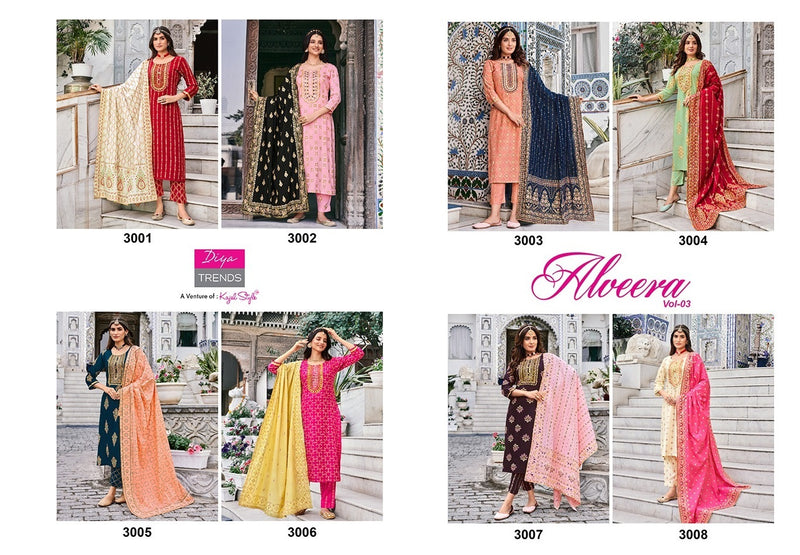 Diya Trends Alveera Vol 3 Rayon Classy Gold Print Fancy Embroidery Work Stylish Designer Partywear Kurti