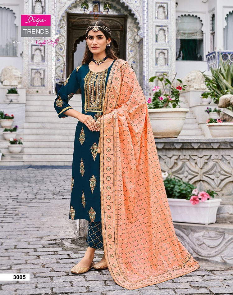 Diya Trends Alveera Vol 3 Rayon Classy Gold Print Fancy Embroidery Work Stylish Designer Partywear Kurti