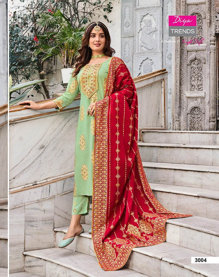 Diya Trends Alveera Vol 3 Rayon Classy Gold Print Fancy Embroidery Work Stylish Designer Partywear Kurti
