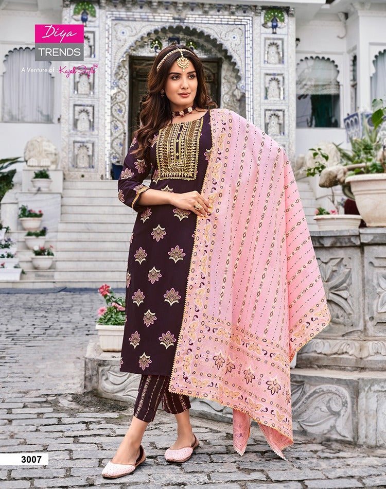 Diya Trends Alveera Vol 3 Rayon Classy Gold Print Fancy Embroidery Work Stylish Designer Partywear Kurti