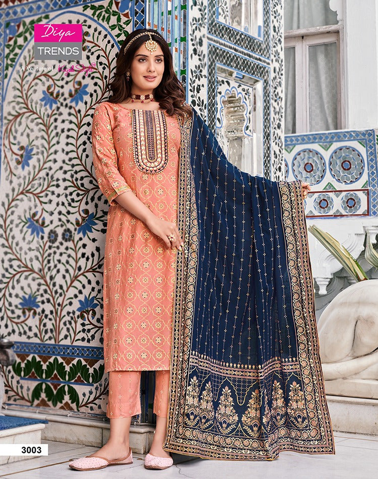 Diya Trends Alveera Vol 3 Rayon Classy Gold Print Fancy Embroidery Work Stylish Designer Partywear Kurti