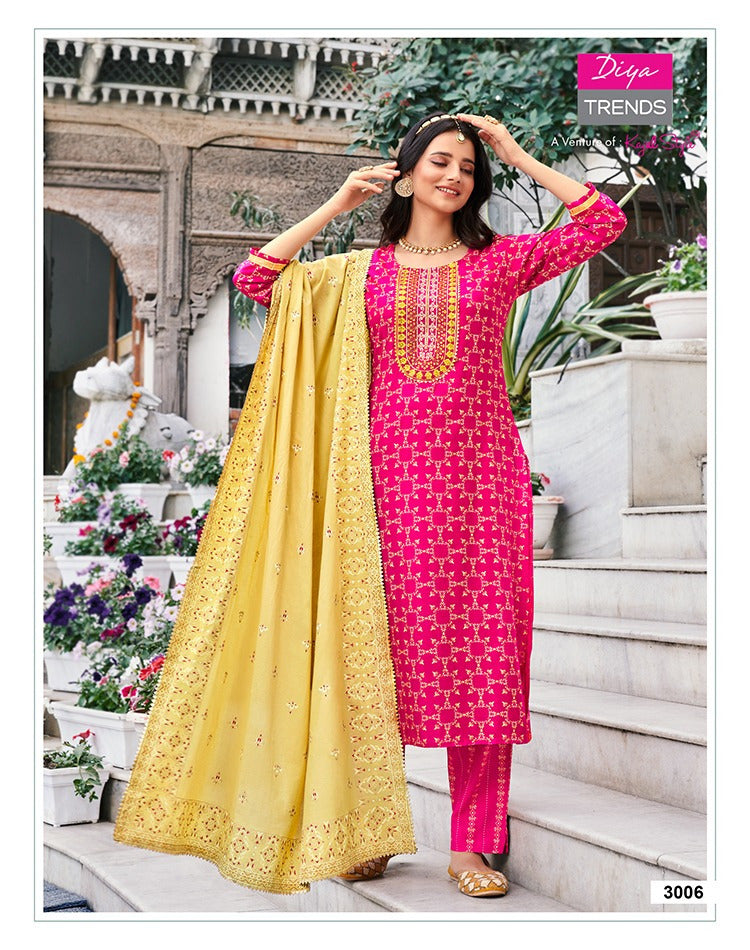 Diya Trends Alveera Vol 3 Rayon Classy Gold Print Fancy Embroidery Work Stylish Designer Partywear Kurti