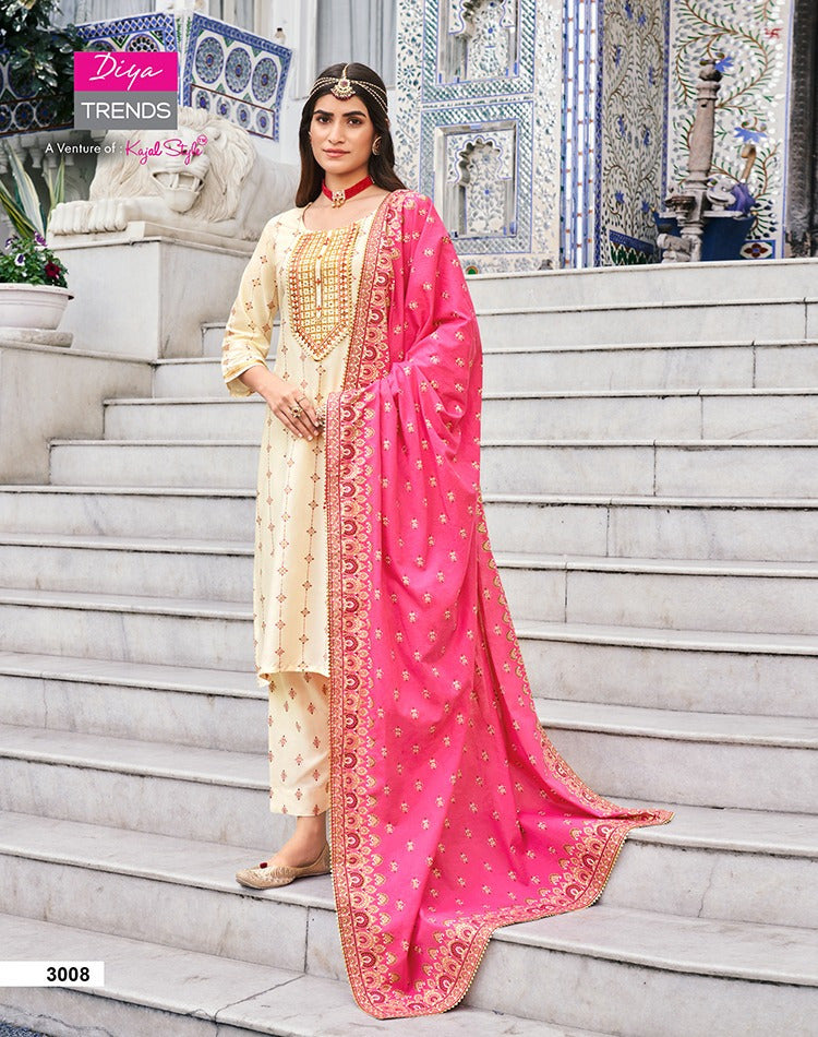 Diya Trends Alveera Vol 3 Rayon Classy Gold Print Fancy Embroidery Work Stylish Designer Partywear Kurti