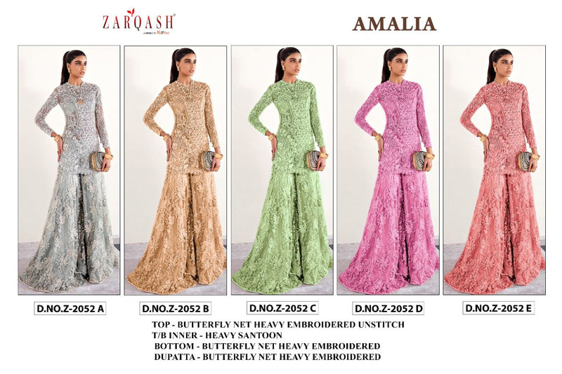 Zarqash Amalia Dn 2052 Butterfly Net With Heavy Embroidery Designer Sharara Salwar Suits