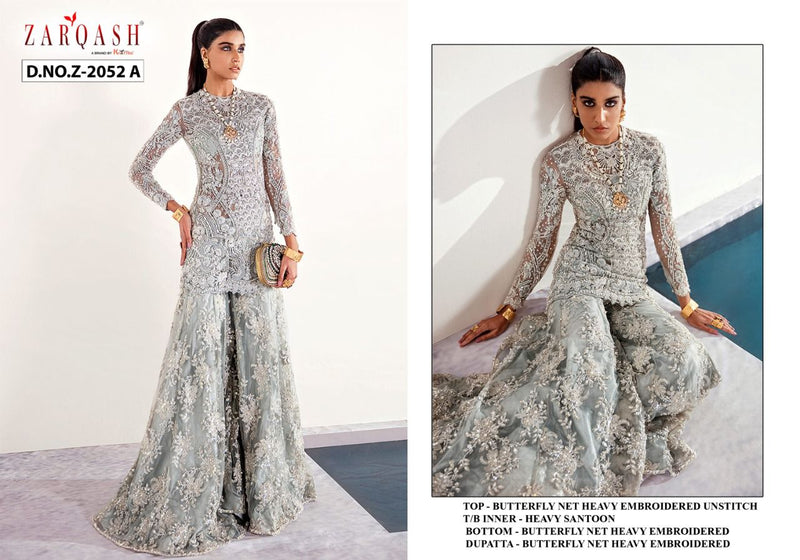 Zarqash Amalia Dn 2052 Butterfly Net With Heavy Embroidery Designer Sharara Salwar Suits