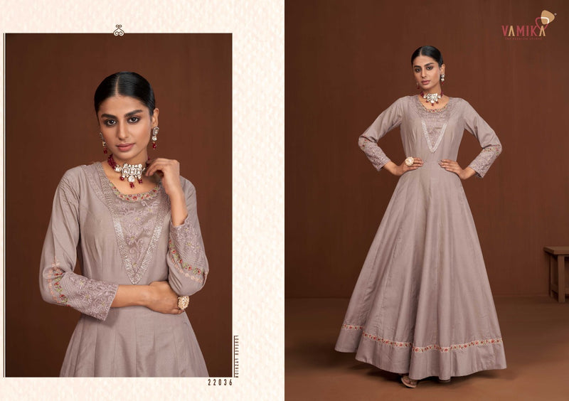 Vamika Fashion Amorina Vol 7 Muslin Silk Long Gown Style Fancy Party Wear Kurtis