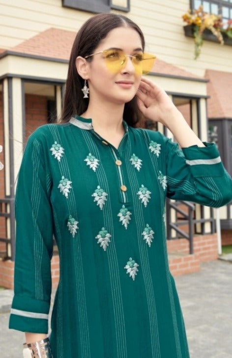 Shubh Nx Anamika With Linning Work Stylish Rayon Kurtis