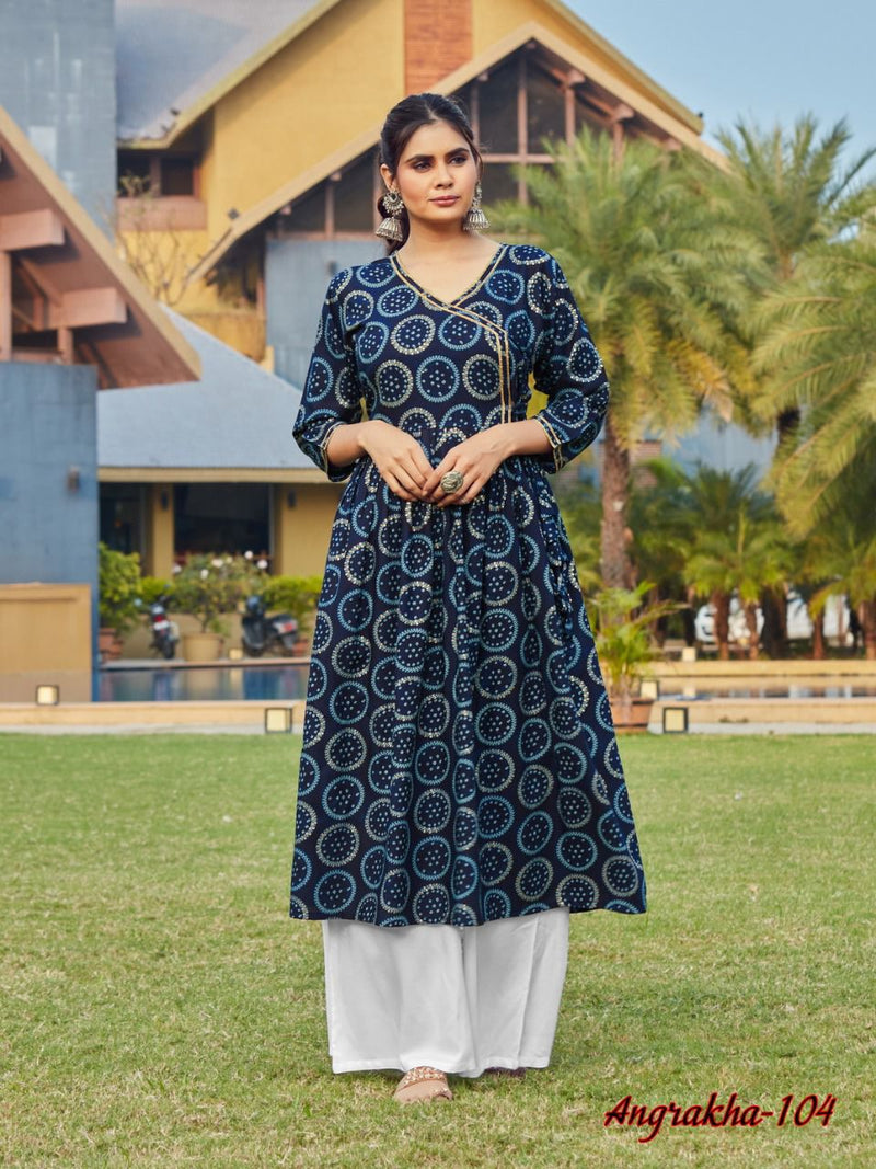 Vee Fab India Angrakha Rayon Foil Print Fancy Designer Kurtis