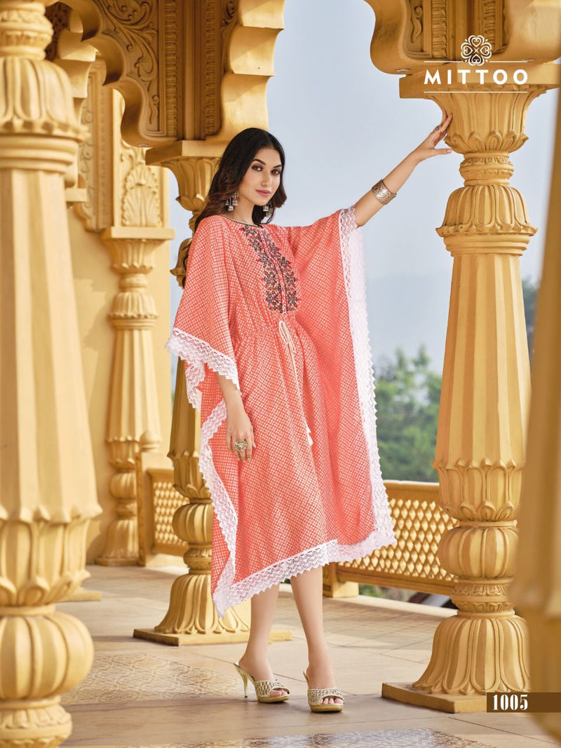 Mittoo Arohi Rayon Printed Fancy Western Wear Stylish Kaftans