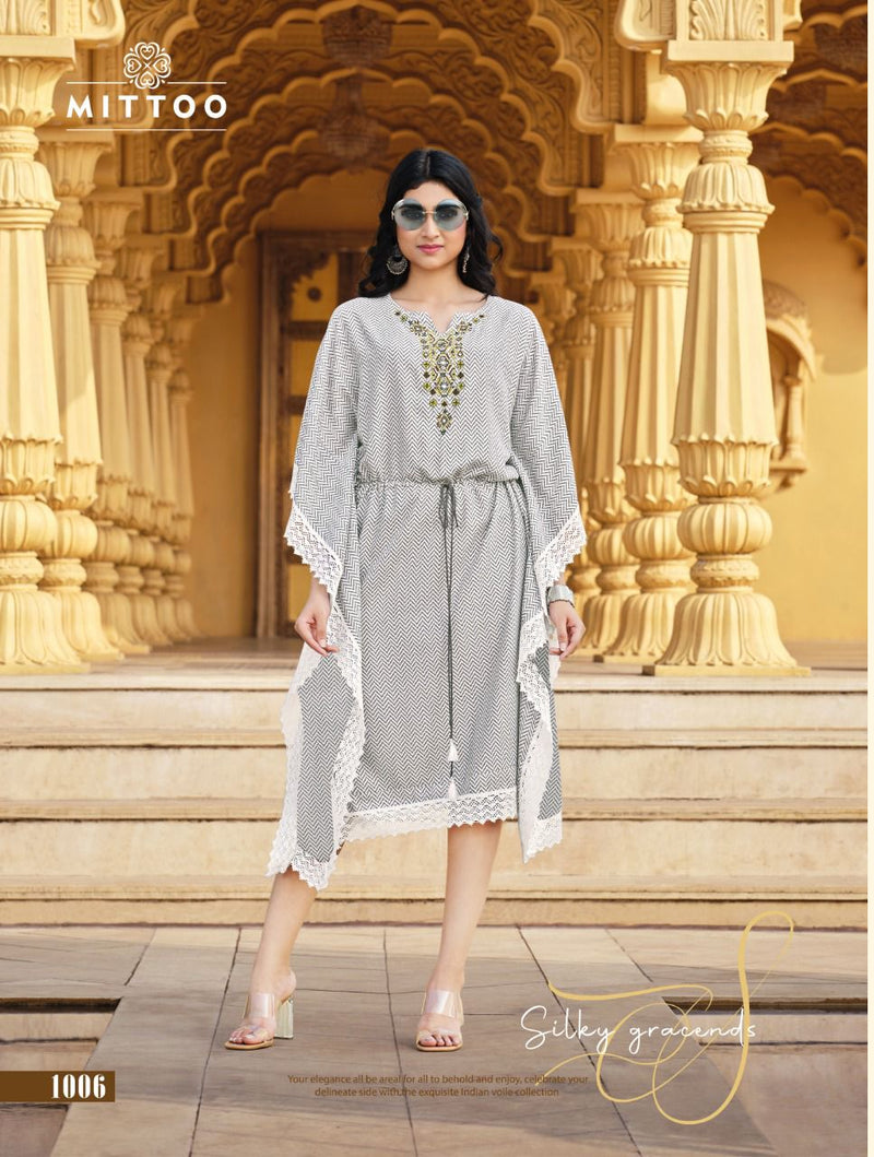 Mittoo Arohi Rayon Printed Fancy Western Wear Stylish Kaftans