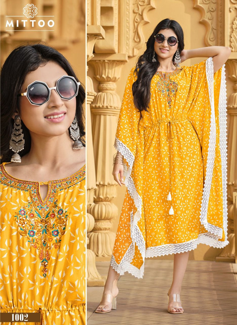 Mittoo Arohi Rayon Printed Fancy Western Wear Stylish Kaftans