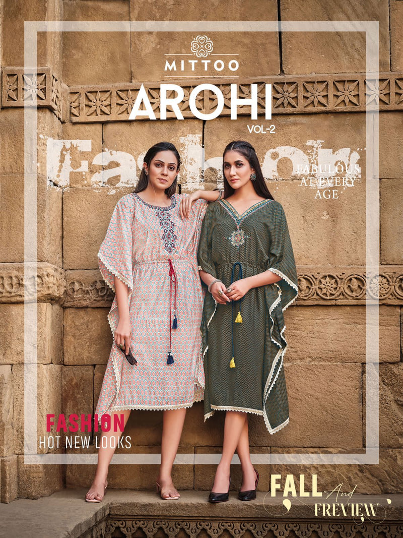 Mittoo Arohi Vol 2 Rayon Printed Fancy Stylish Party Wear Kaftans