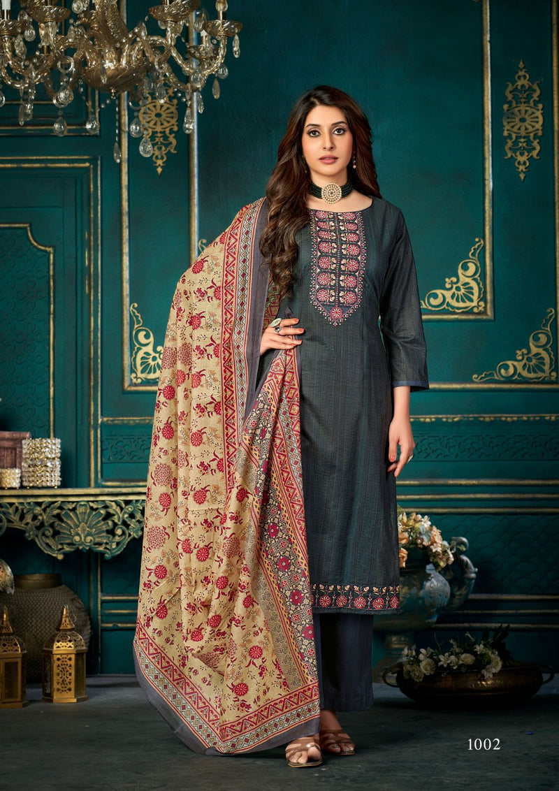 Yashika Trends Azara Cotton Fancy Printed Exclusive Neck Diamond Embroidery Work Designer Salwar Suit
