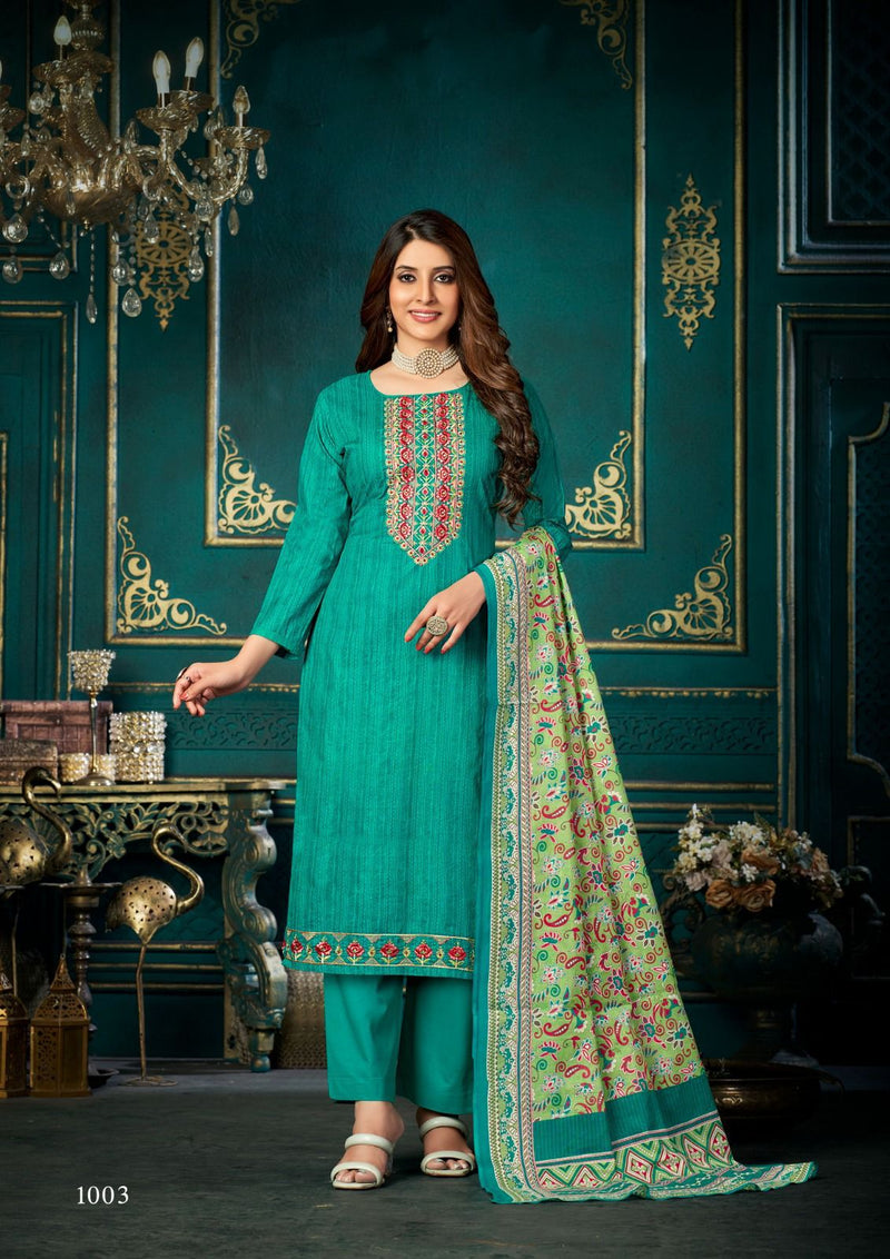Yashika Trends Azara Cotton Fancy Printed Exclusive Neck Diamond Embroidery Work Designer Salwar Suit