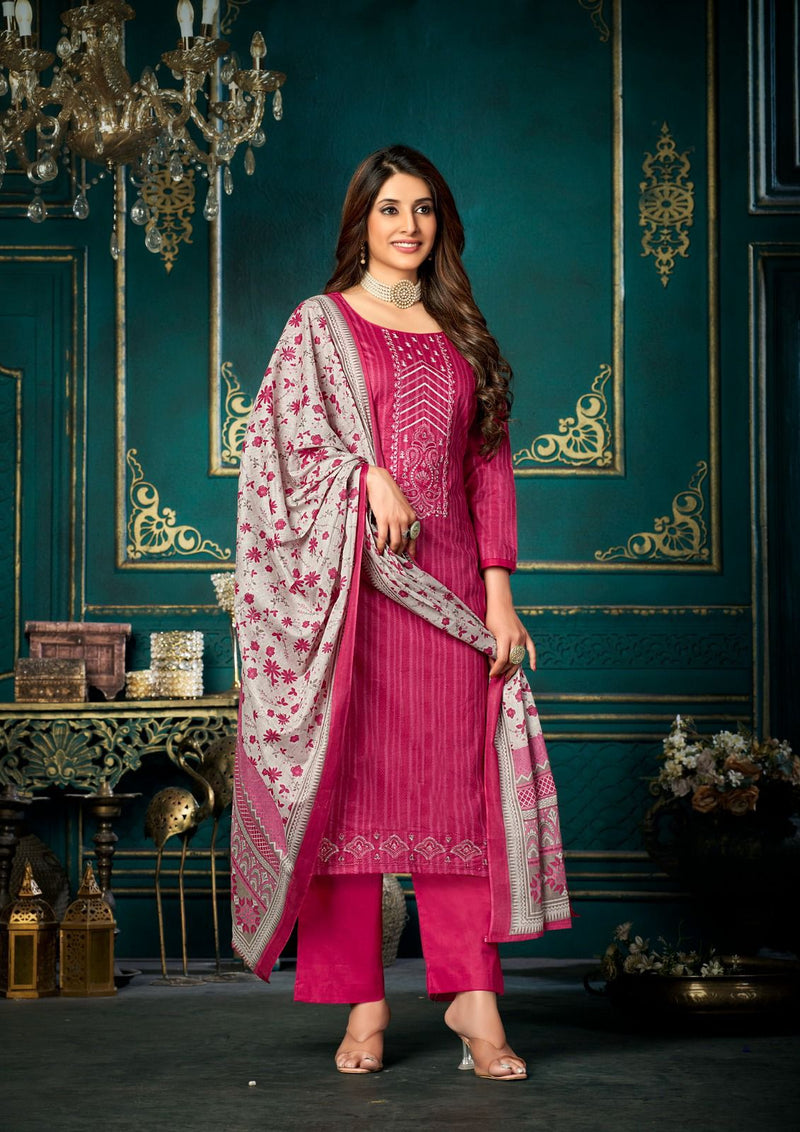 Yashika Trends Azara Cotton Fancy Printed Exclusive Neck Diamond Embroidery Work Designer Salwar Suit