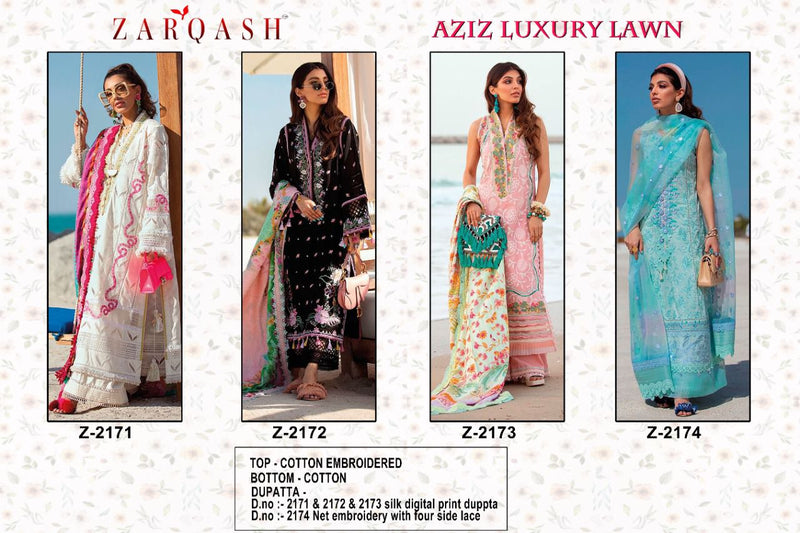 Zarqash Aziz Luxury Lawn Cotton Embroidered Pakistani Style Party Wear Salwar Suits