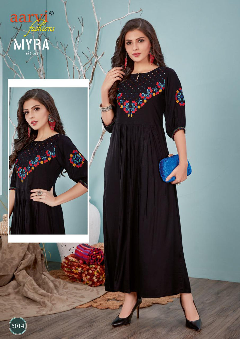 Aarvi Fashion Launch By Myra Vol 6 Rayon Slub Pure Cotton Frill Long Gown Stype Exclusive Fancy Readymade Kurtis