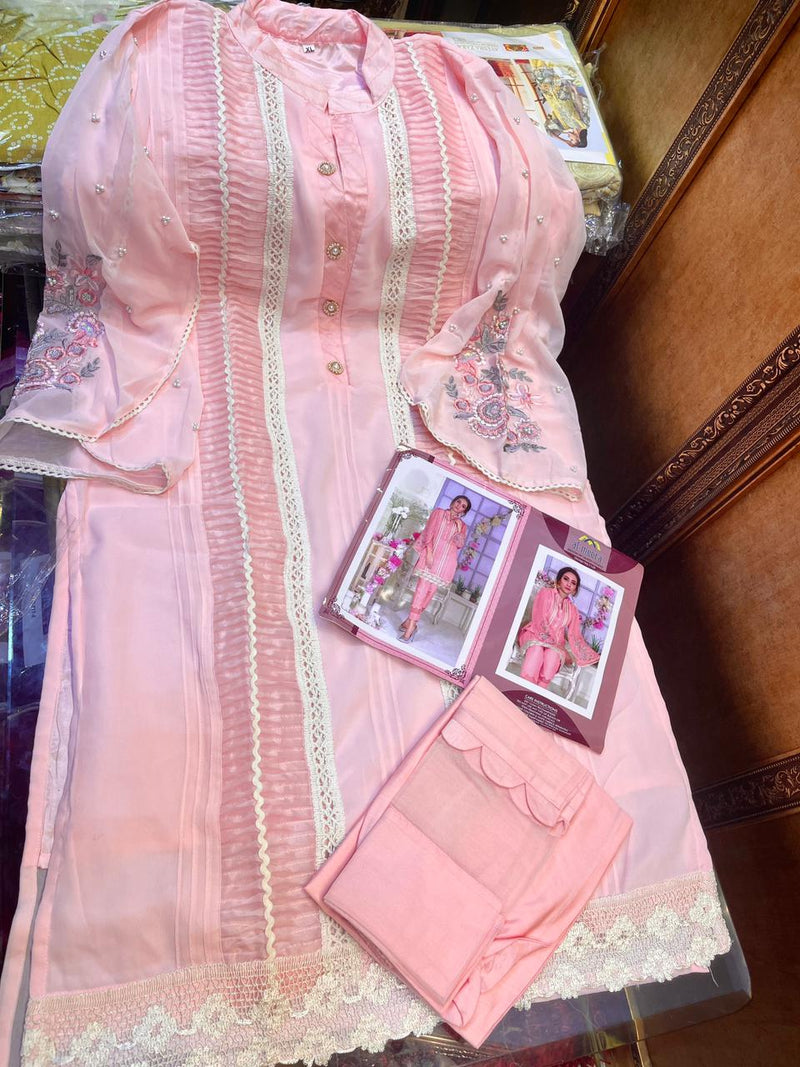 Al Meera D No 1129 Pink Fox Georgette With With Embroidery Work Casual Wear Salwar Suits