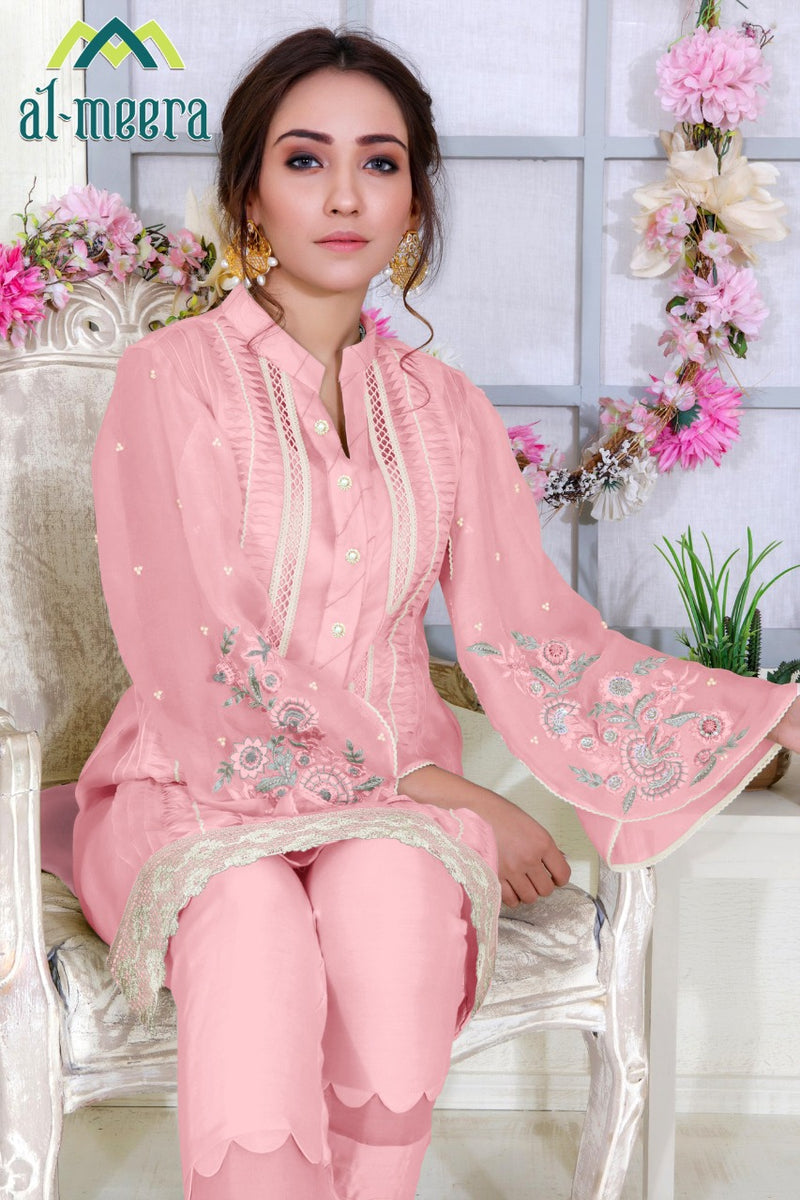 Al Meera D No 1129 Pink Fox Georgette With With Embroidery Work Casual Wear Salwar Suits