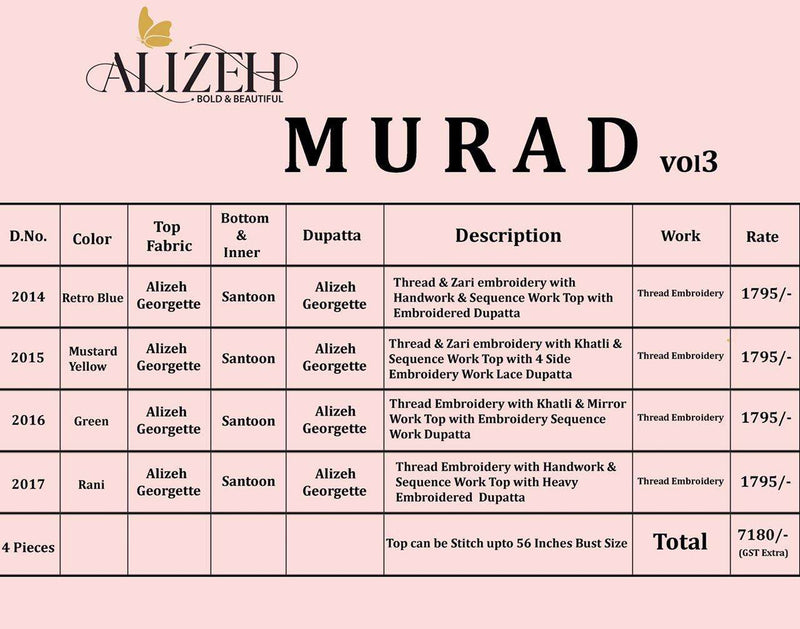 Alizeh Suit Presents By Murad Vol 3 Georgette With Embroidery Work Wedding Wear Salwar Suits