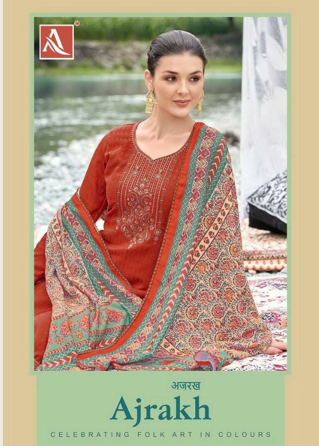 Alok Suit Ajrak Wool Pashmina Selp Print With Embroidery Work