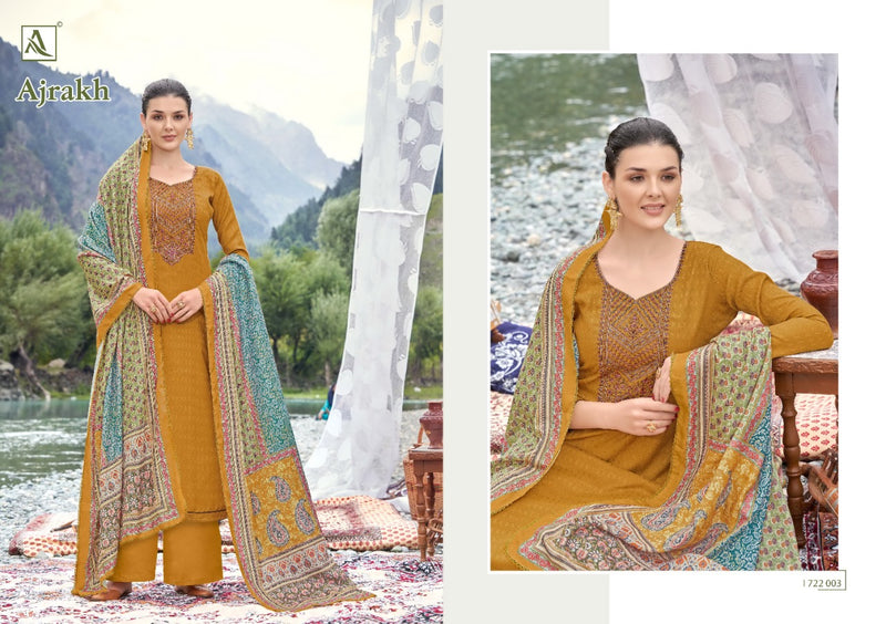 Alok Suit Ajrak Wool Pashmina Selp Print With Embroidery Work
