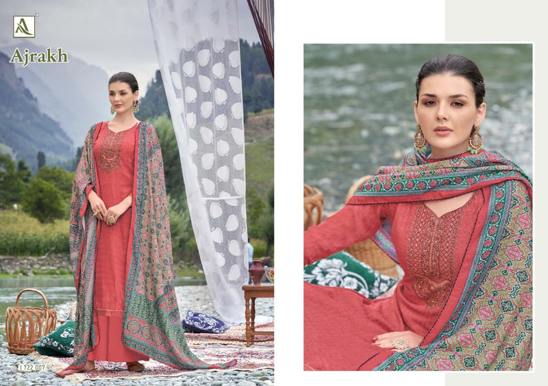 Alok Suit Ajrak Wool Pashmina Selp Print With Embroidery Work