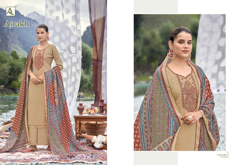 Alok Suit Ajrak Wool Pashmina Selp Print With Embroidery Work