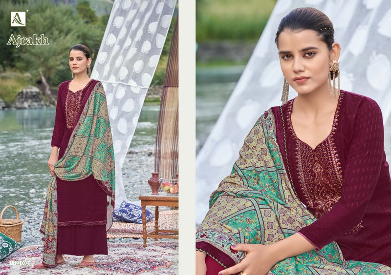 Alok Suit Ajrak Wool Pashmina Selp Print With Embroidery Work