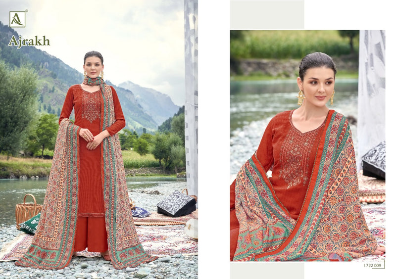 Alok Suit Ajrak Wool Pashmina Selp Print With Embroidery Work