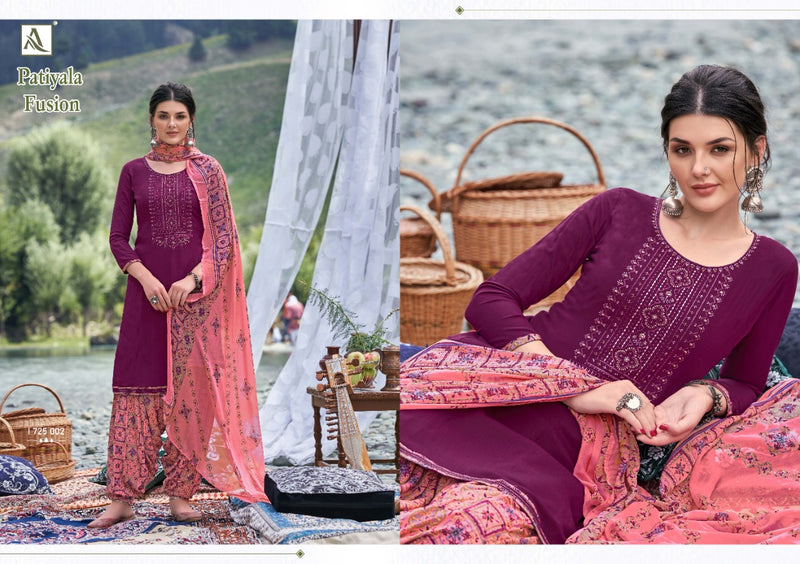 Alok Suit Patiyala Fusion Viscose Rayon Slub With Embroidery Work Salwar Kameez