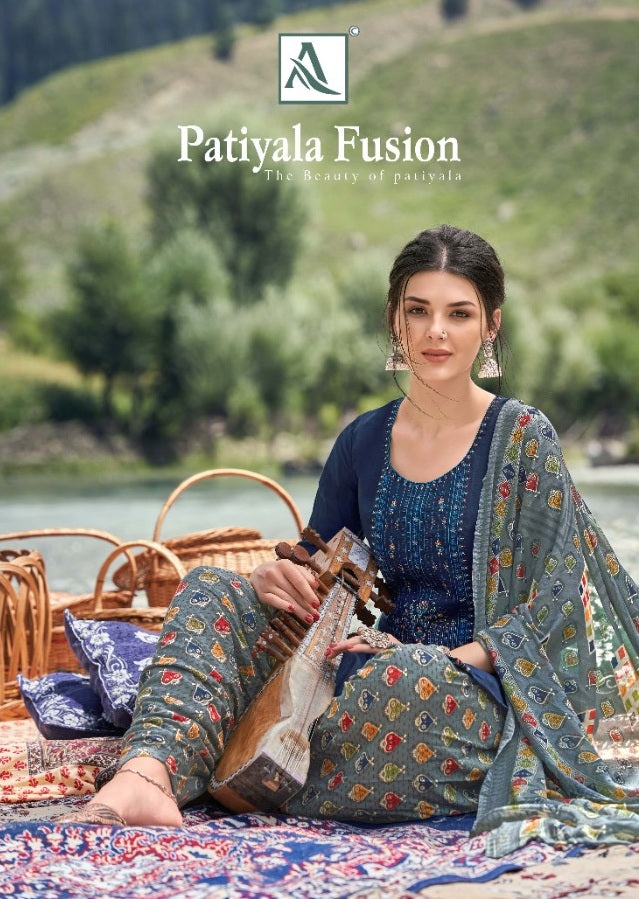 Alok Suit Patiyala Fusion Viscose Rayon Slub With Embroidery Work Salwar Kameez