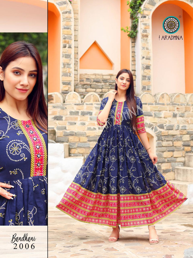 Aradhna Launch By Bandhani Vol 2 Heavy Cotton Full Gher Long Gown Type Fancy Kurtis
