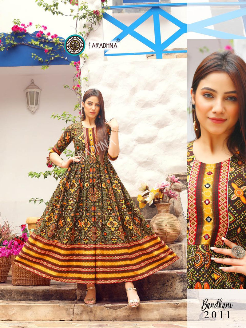 Aradhna Launch By Bandhani Vol 2 Heavy Cotton Full Gher Long Gown Type Fancy Kurtis
