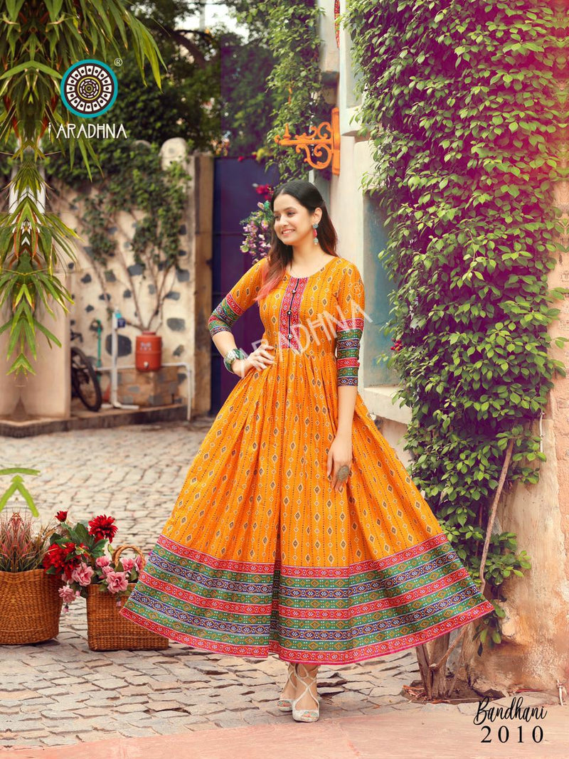 Aradhna Launch By Bandhani Vol 2 Heavy Cotton Full Gher Long Gown Type Fancy Kurtis