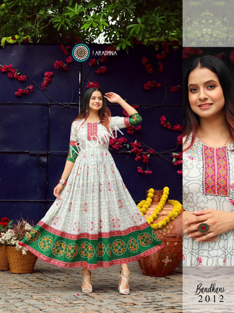Aradhna Launch By Bandhani Vol 2 Heavy Cotton Full Gher Long Gown Type Fancy Kurtis