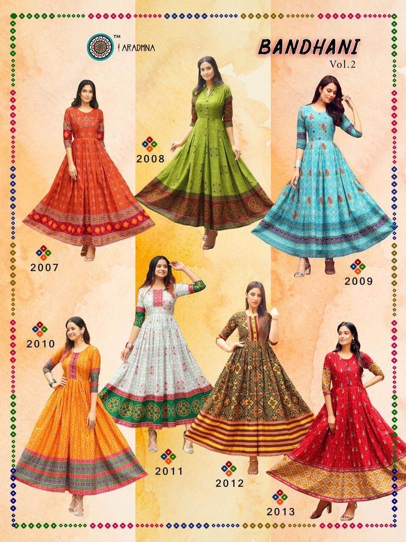 Aradhna Launch By Bandhani Vol 2 Heavy Cotton Full Gher Long Gown Type Fancy Kurtis