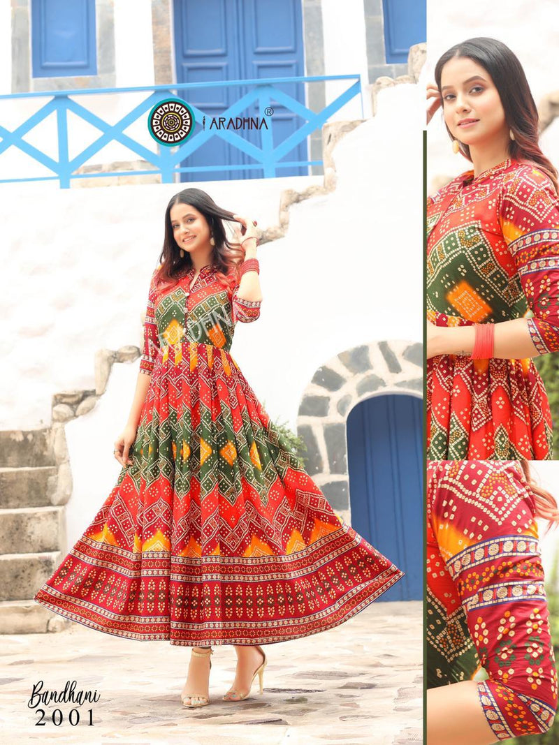 Aradhna Launch By Bandhani Vol 2 Heavy Cotton Full Gher Long Gown Type Fancy Kurtis