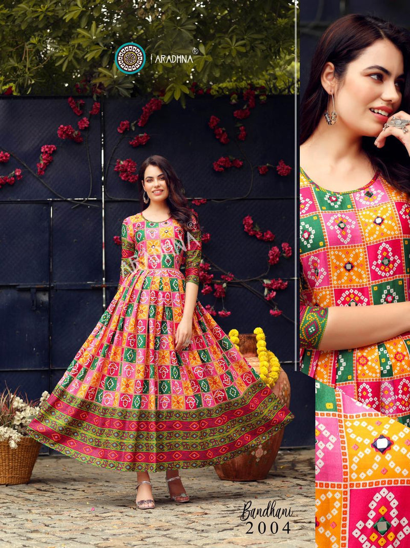 Aradhna Launch By Bandhani Vol 2 Heavy Cotton Full Gher Long Gown Type Fancy Kurtis