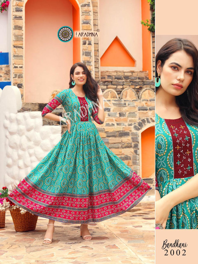 Aradhna Launch By Bandhani Vol 2 Heavy Cotton Full Gher Long Gown Type Fancy Kurtis
