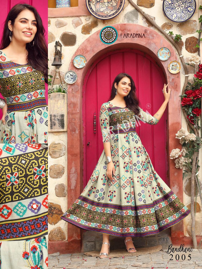 Aradhna Launch By Bandhani Vol 2 Heavy Cotton Full Gher Long Gown Type Fancy Kurtis