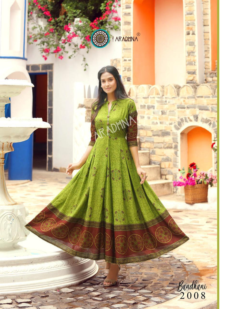 Aradhna Launch By Bandhani Vol 2 Heavy Cotton Full Gher Long Gown Type Fancy Kurtis
