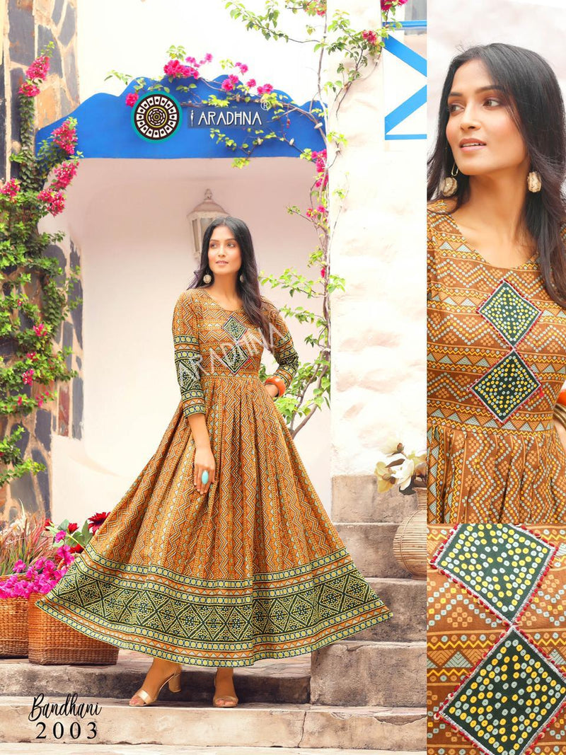 Aradhna Launch By Bandhani Vol 2 Heavy Cotton Full Gher Long Gown Type Fancy Kurtis