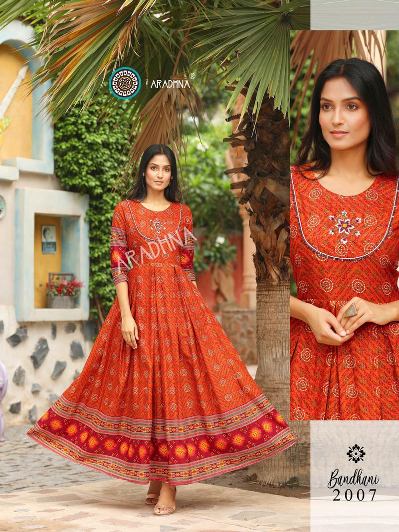 Aradhna Launch By Bandhani Vol 2 Heavy Cotton Full Gher Long Gown Type Fancy Kurtis