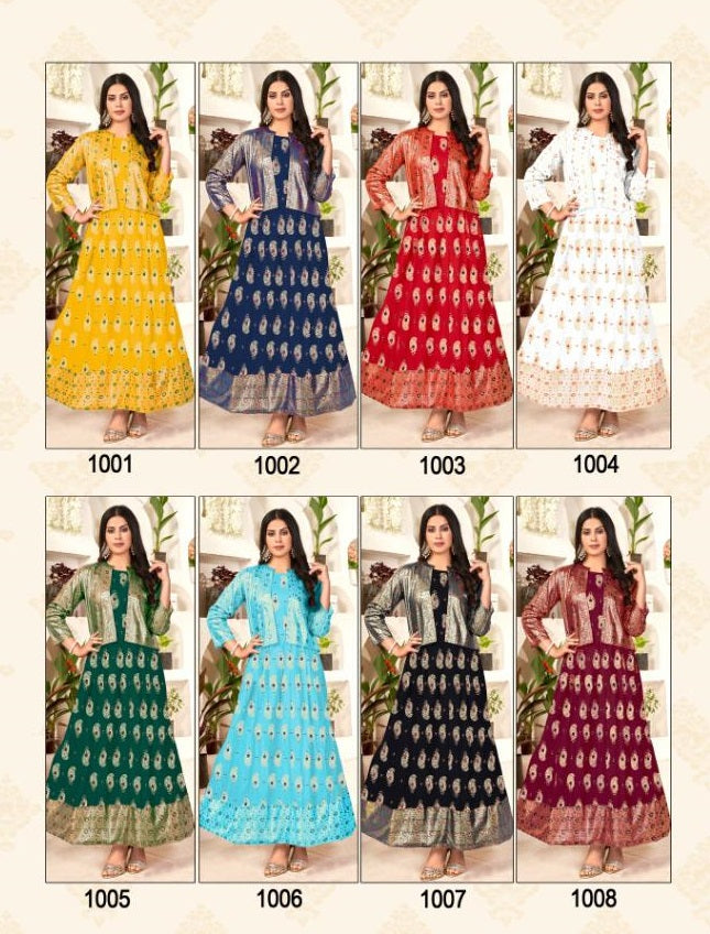 Poonam Designer Baby Rayon With Minakari Foil Prints Gown Style Long Party Wear Kurtis