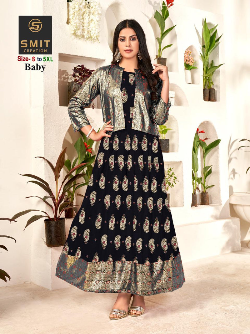 Poonam Designer Baby Rayon With Minakari Foil Prints Gown Style Long Party Wear Kurtis