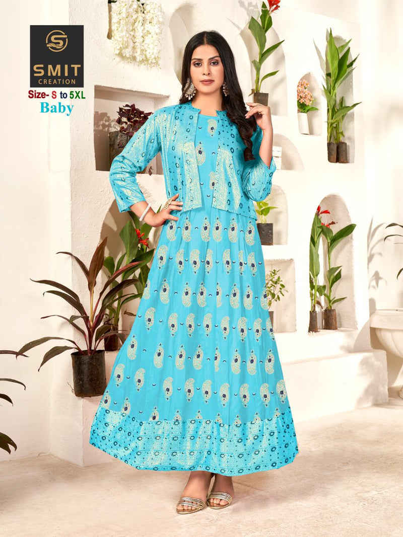 Poonam Designer Baby Rayon With Minakari Foil Prints Gown Style Long Party Wear Kurtis